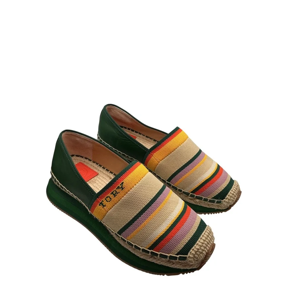 Tory Burch Multi-Color Striped Knit Platform Espadrille Shoes Green Womens‎ 6.5